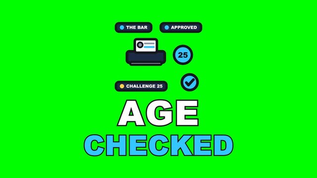 4K green screen AGE CHECKED animated text - the card goes under the reader and clears the line, kinetic typography hospitality overlay for staff and management content, chroma key