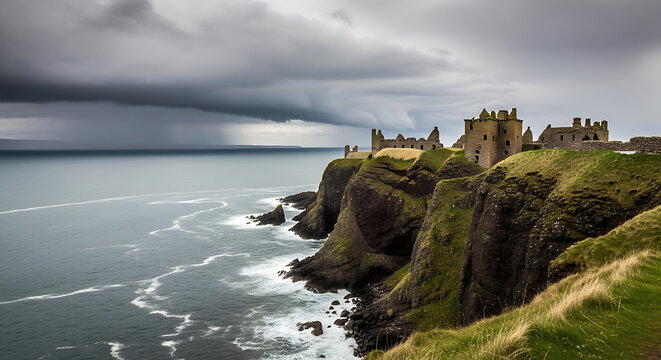 dramatic cliff edge ruins ancient castle scotland ocean storm