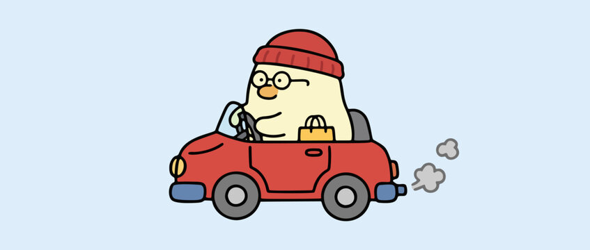 Cute Cartoon Character with Beanie Driving Red Car Vector Illustration