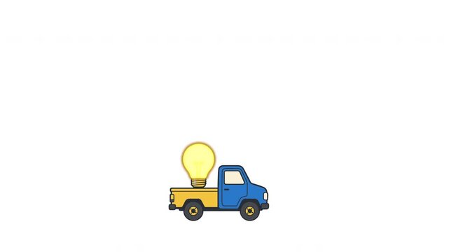 A small blue and yellow pickup truck carrying a glowing light bulb icon.