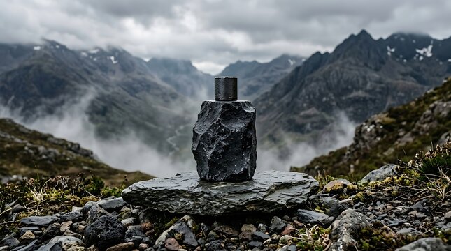 Black perfume bottle standing on a rock in a misty mountain landscape