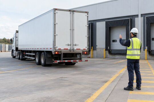 Logistics worker guiding reversing truck at loading dock