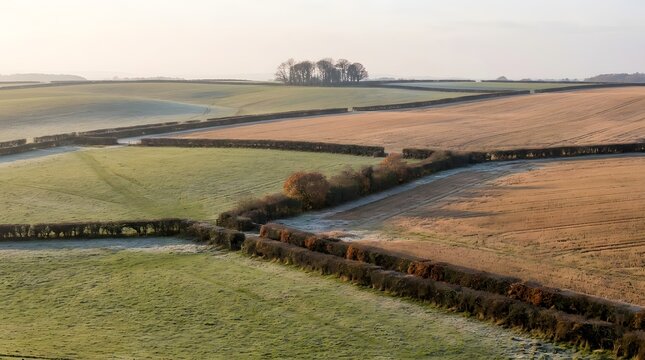 Patchwork Farmland with Hedgerows in Muted Autumn Colors