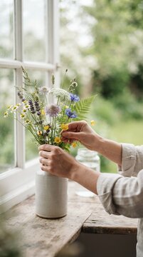 Woman arranging wildflowers in a vase by a window with a garden view.