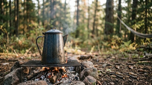 Vintage coffee pot brewing over a campfire in a forest setting.