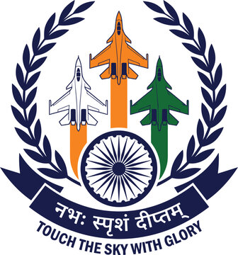 The official emblem of the indian air force displays military aircraft and the sacred ashoka chakra symbol prominently featured