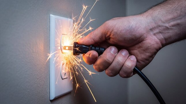 Male hand plugging electrical cord into wall socket with bright sparks and arc flash. Dangerous electrical hazard and workplace safety concept.