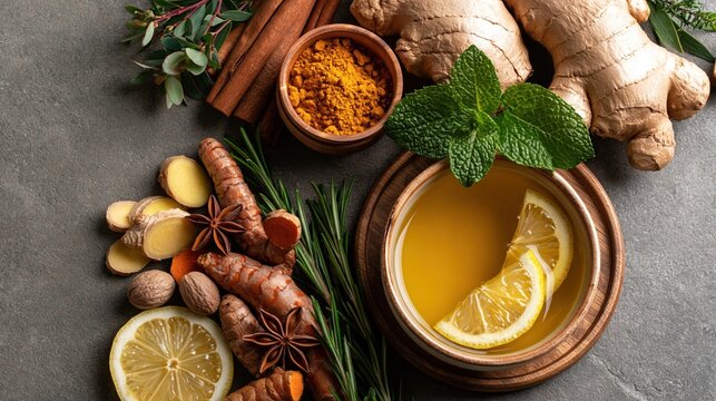 A flat lay of ginger root, turmeric powder, fresh herbs, and honey with lemon slices arranged on a gray surface for natural health and wellness.