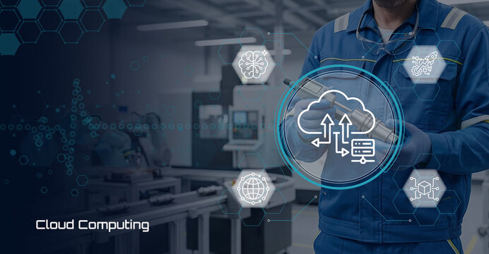 Industrial worker using cloud computing technology in a modern manufacturing facility with digital icons representing data flow and cloud services