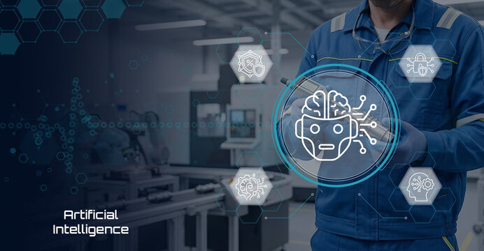 Industrial worker using AI-powered technology in a manufacturing facility