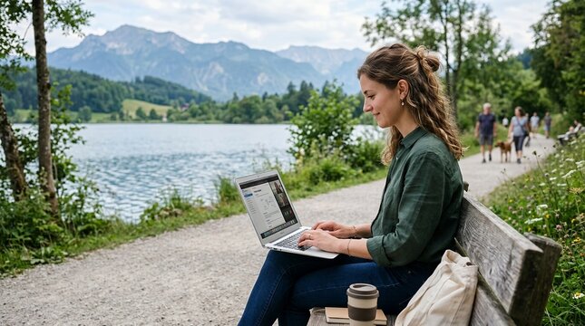 Woman working on laptop on a bench by a lake with mountains in the background.