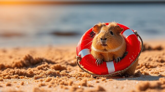 Adorable funny guinea pig sitting inside a miniature red and white lifebuoy on a sunny sandy beach with ocean waves in the background, summer vacation and pet safety concept.