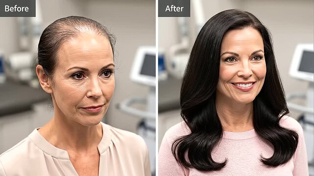 Before and after comparison showing visible hair growth and increased hair density after treatment, illustrating improvement in thinning hair and successful hair restoration results.