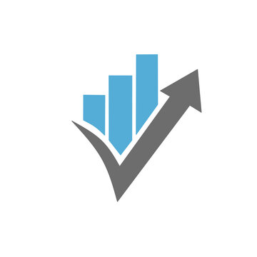 Growing bar chart graph with check mark arrow logo icon, vector illustration for business success, financial accounting, marketing growth, stock market, audit approval, and investment concept isolate