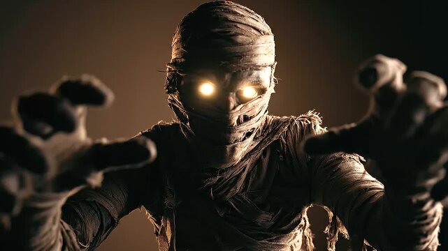 Frightening mummy emerging from darkness, wrapped in weathered cloth strips with eerie glowing eyes, creating a sinister undead character for a Halloween horror scene.