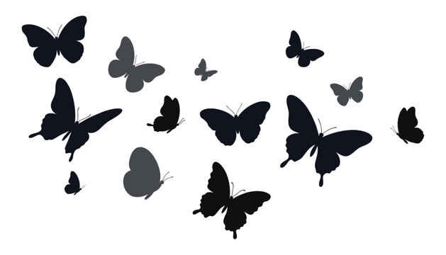 Flying butterfly silhouette vector collection featuring various dark shapes of insects isolated on white background