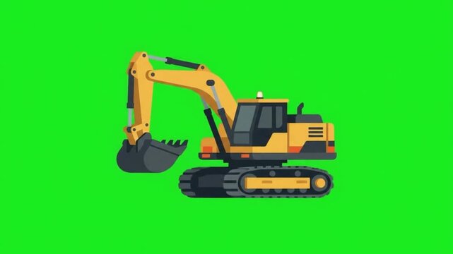 Yellow Hydraulic Excavator Digging Animation Loop Isolated On Green Screen Key Background Heavy Construction Machinery