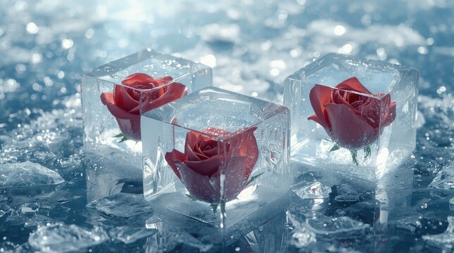 Red roses individually encased inside clear square ice cubes