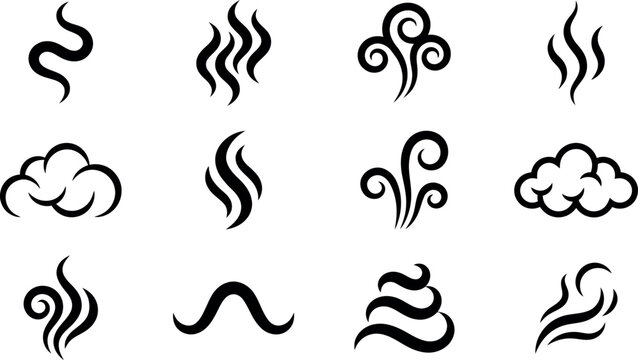 Steam smoke and hot aroma rise icon set featuring abstract black wavy lines vapor clouds and odor trails isolated on white background