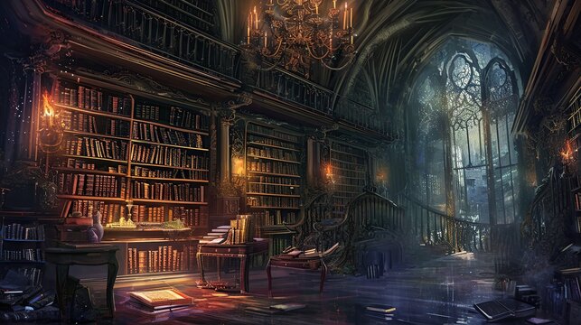 Ancient mystical library interior with glowing manuscripts and old tomes on wooden shelves, gothic architecture with chandelier and moonlit stained glass window, fantasy atmospheric digital art