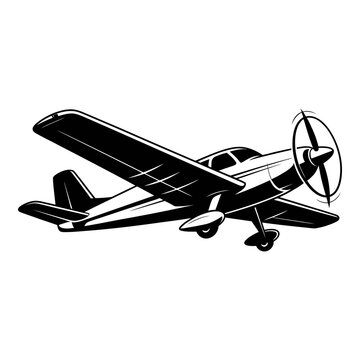 Vintage single engine airplane illustration with detailed features black silhouette