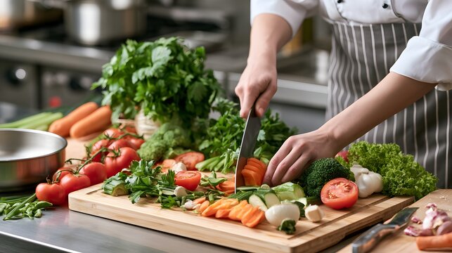 Chef hands chopping fresh mixed vegetables on a wooden cutting board with cooking preparation culinary arts kitchen work restaurant kitchen vegetable preparation cooking ingredients food prepara