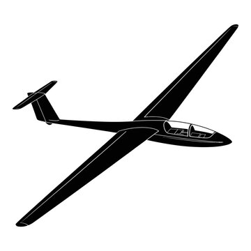 Glider aircraft in black silhouette against a white background silhouette