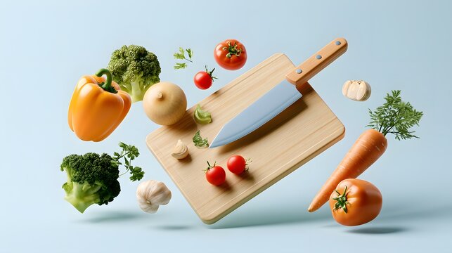 Fresh vegetables and kitchen knife levitating above wooden cutting board with organic food preparation bell pepper raw food cooking tools culinary arts food photography meal prep culinary