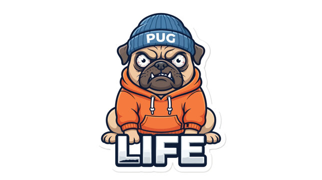 Angry pug dog wearing a beanie and orange hoodie