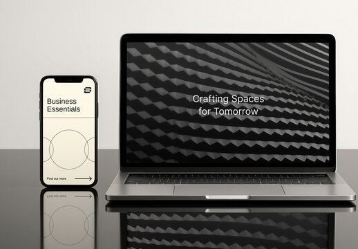 Laptop And Smartphone Mockup PSD On Sleek Desk Modern Business Display