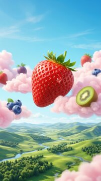 A vibrant, surreal landscape of massive, juicy fruits floating through soft pink clouds above a lush, rolling valley under a sunny, azure sky, floating, bright, colorful