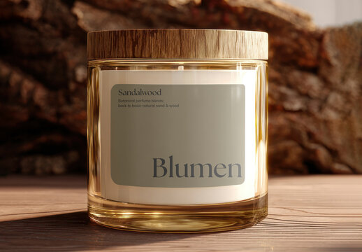 Luxury Candle Jar Mockup PSD On Wooden Table Elegant Amber Glass Packaging