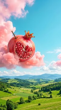 A vibrant, surreal landscape of massive, juicy fruits floating through soft pink clouds above a lush, rolling valley under a sunny, azure sky, imagination, food, sky