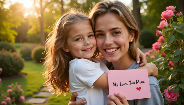 Young mother and daughter hugging in a garden holding a love note, International Women's Day  