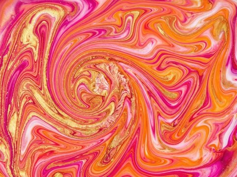 A vibrant abstract liquid marble background features swirling ink textures in pink, orange, and gold, creating fluid, highly detailed organic patterns, digital art, no text, contemporary