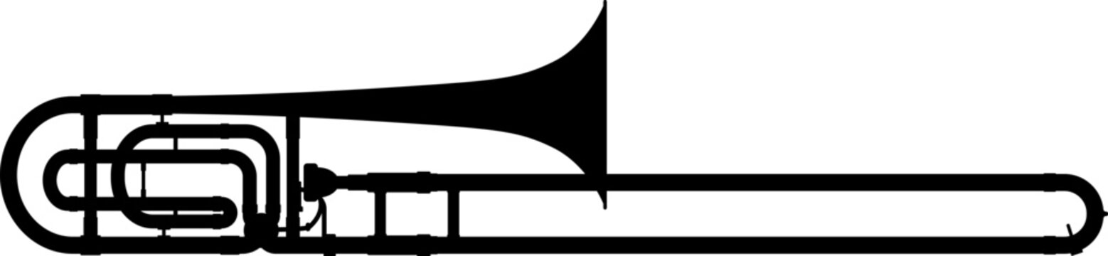 detailed classic trombone black silhouette shape side view vector isolated on transparent background