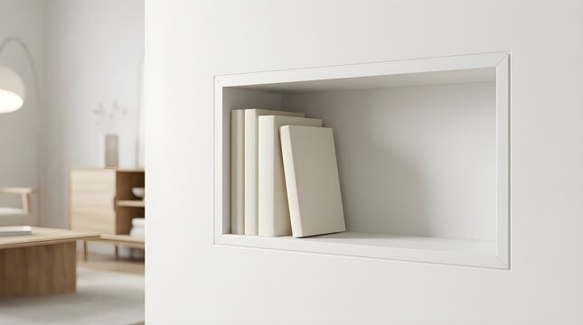 Side angle view of modern minimalist white square recessed wall niche shelf displaying white hardcover books in clean bright living room interior space. 
