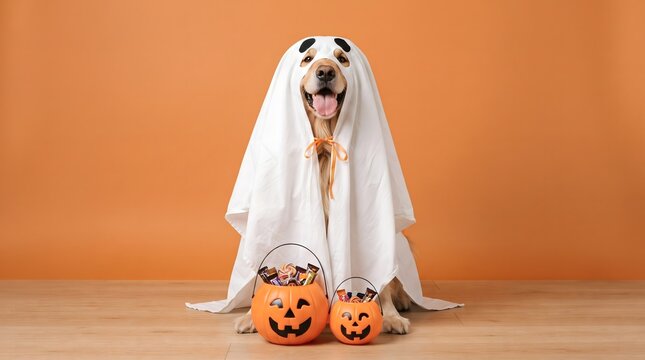 White ghost costume dog sitting with jack-o'-lanterns on orange studio background