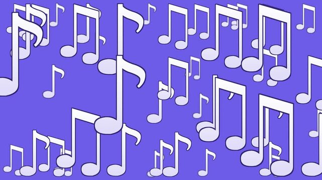 Seamless loop. White notes march across periwinkle blue screen in horizontal animation. Cheerful motion graphic celebrates melody and rhythm. Great for music apps, concerts, and entertainment content.