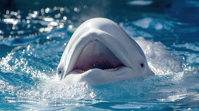 Close-up of a white Beluga whale emerging from blue water with its mouth wide open showing small teeth, a majestic marine mammal surfacing in its natural arctic habitat with splashing water