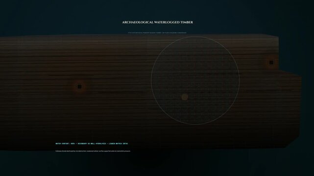 Educational 3D animation illustrating the freeze drying preservation process of archaeological waterlogged timber preventing capillary collapse through cryogenic flash freezing and vacuum lyophilizat