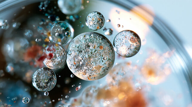 Bright scientific close up of microplastics viewed under a microscope detailed texture and color variations laboratory research concept contamination analysis environmental