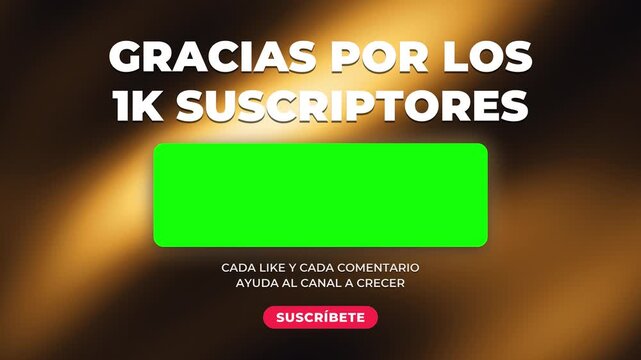Spanish endscreen template thanks viewers for 1K subscribers with animated golden light rays and green box placeholder. Red subscribe button invites fans to join the celebration.