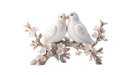 Obraz premium Vintage porcelain bird figurine, white ceramic doves on flowering branch, elegant antique bird sculpture with cherry blossoms, romantic home decor