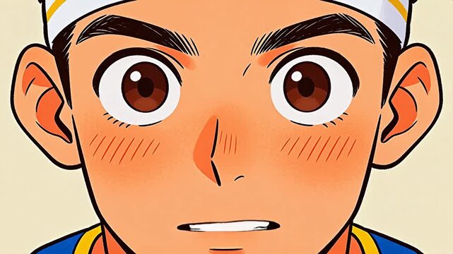 Close up of cartoon character face with yellow hat and surprised expression