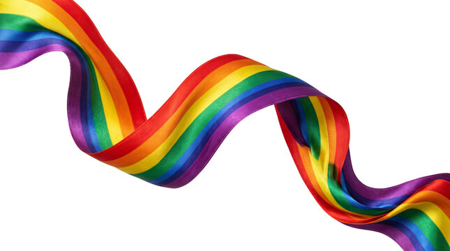 Rainbow pride ribbon with satin texture, wavy lgbtq flag banner on white background, colorful silk fabric streamer for pride month celebration