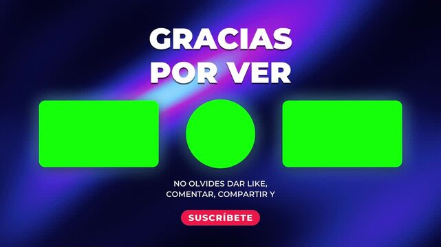 Spanish endscreen template reading Gracias por Ver with green screen placeholders, subscribe button, and like comment share prompt over glowing purple aurora waves for channel closings.