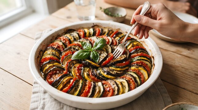 Hand holding fork to eat baked ratatouille from a round white ceramic dish