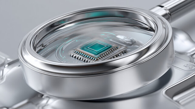 A silver metallic device with a blue and green microchip in the center of it, surrounded by bright lights