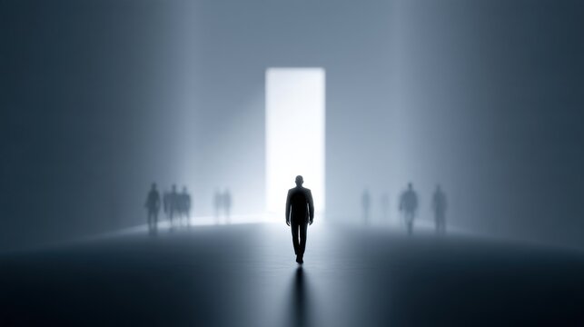 A businessman walks towards a bright doorway in a dark, foggy hall, symbolizing opportunity and the unknown future. Silhouettes of other people can be seen in the background